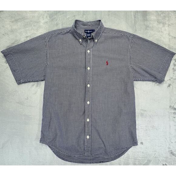 RALPH LAUREN Boys Navy L Gingham Short Sleeve Button Down Shirt Red Pony - Picture 1 of 7
